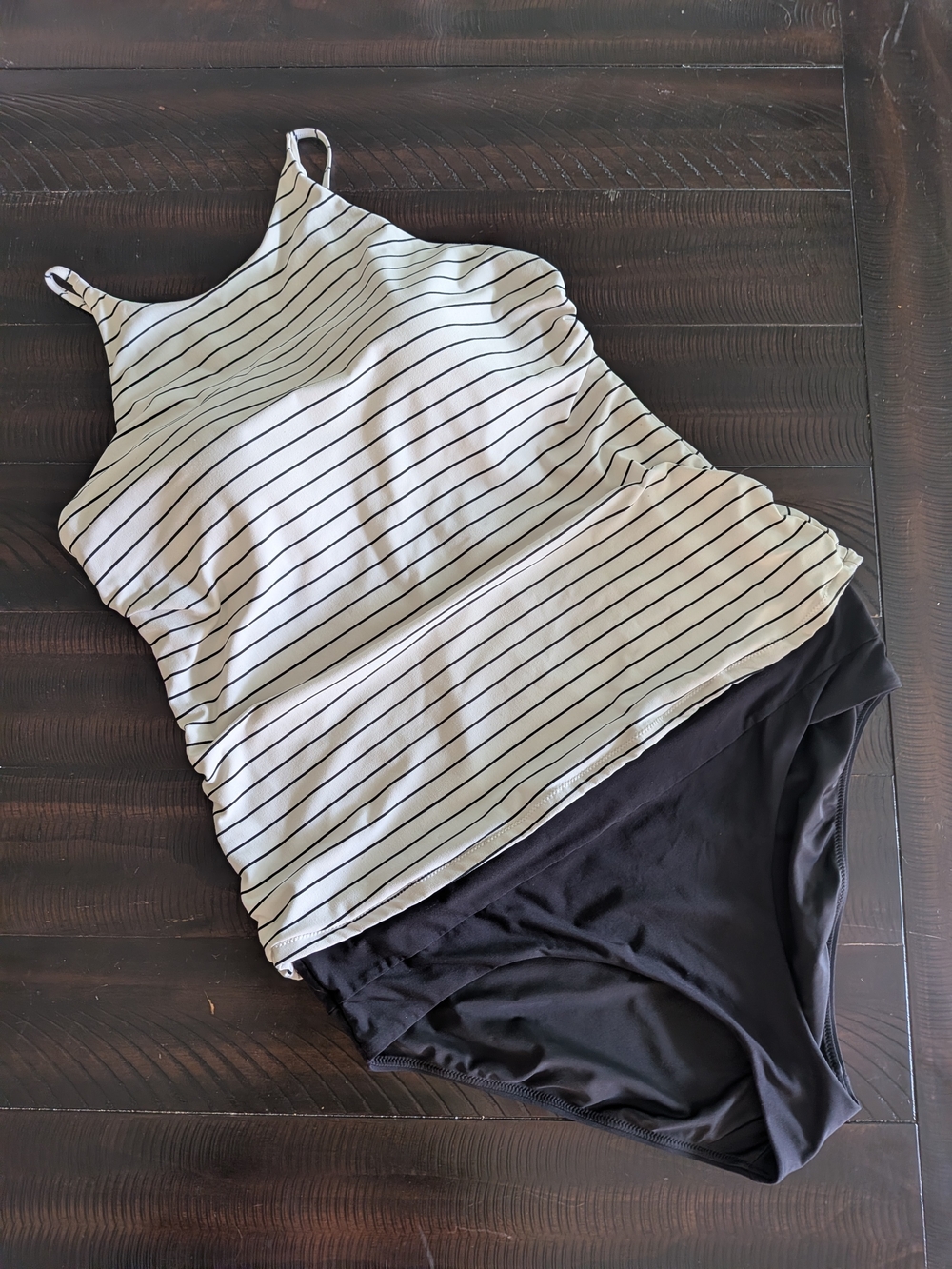 CALIA by Carrie Underwood White and Black Striped Tankini w/ Black Bottoms